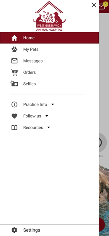 West Greenwich Animal Hospital app menu